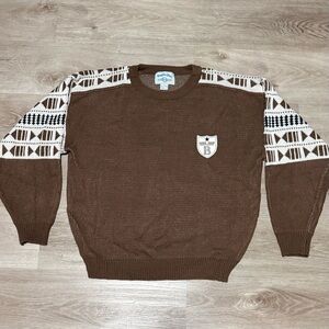 Vintage Bugle Boy Knit Sweater Geometric Pattern Sleeves Brown Mens Size L